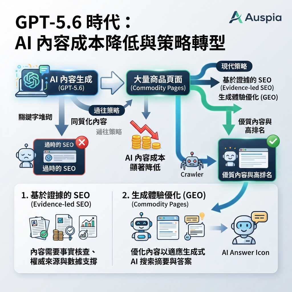 GPT-5.6 降低 AI 內容成本，並讓以證據為核心的 SEO 與 GEO 變得更重要的流程圖