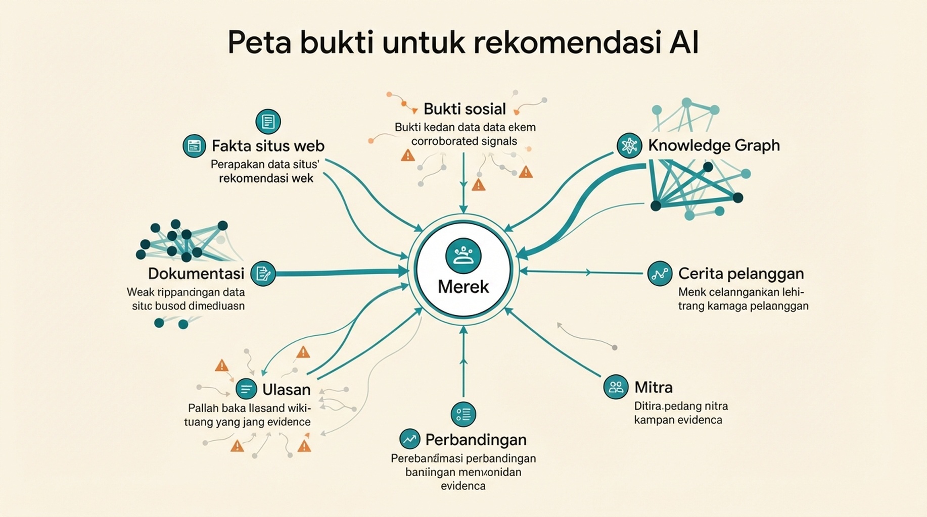 Evidence graph yang menunjukkan bagaimana fakta situs web, dokumentasi, ulasan, perbandingan, partner, cerita pelanggan, data Knowledge Graph, dan social proof mendukung rekomendasi merek oleh AI