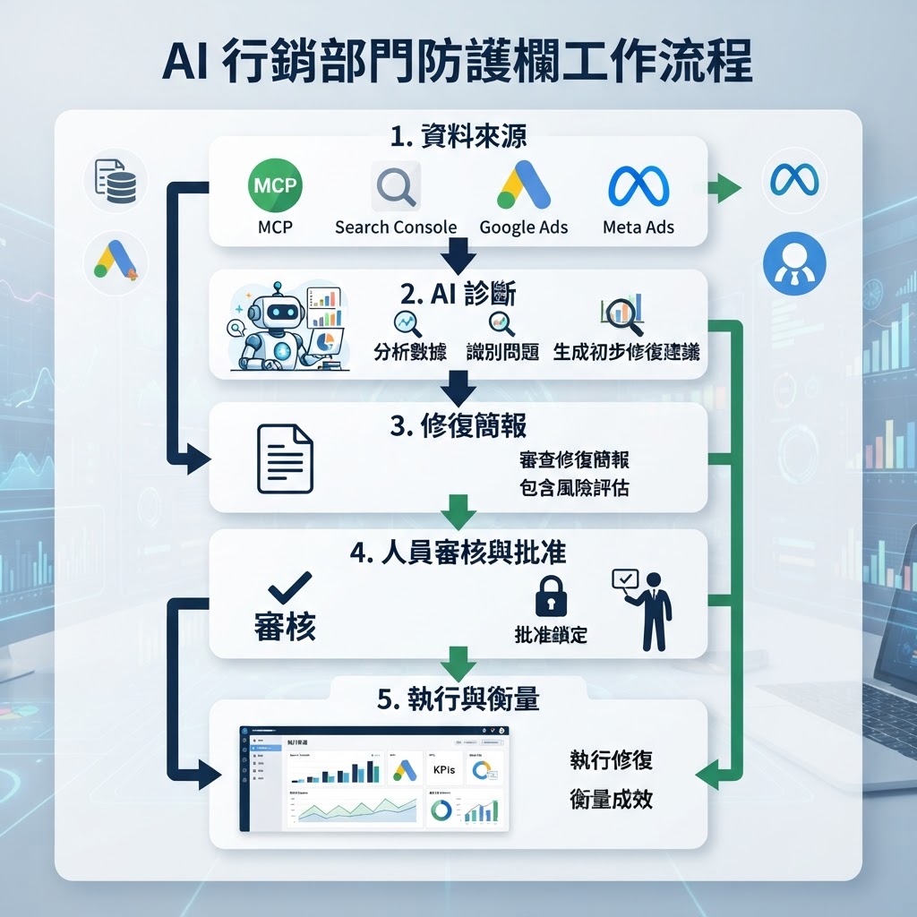 AI 行銷部門工作流圖：資料來源、AI 診斷、草擬行動與人工核准關卡