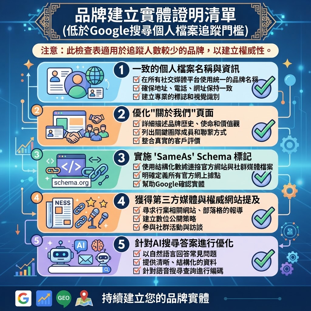 品牌在尚未達到 Google Search Profile 粉絲門檻前，可以建立 entity proof 的檢查清單