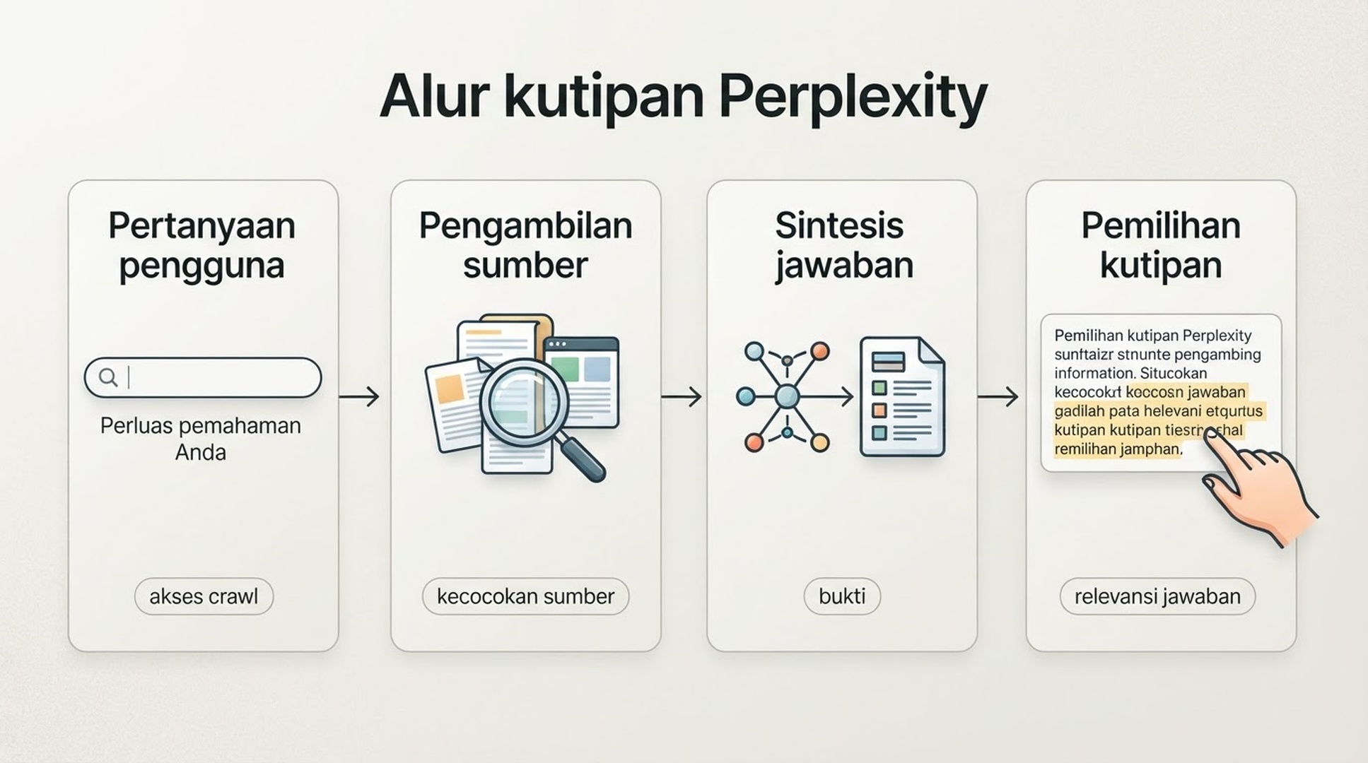 Diagram yang menunjukkan bagaimana Perplexity bergerak dari pertanyaan pengguna ke sumber yang diambil, jawaban yang disintesis, dan URL yang dikutip.