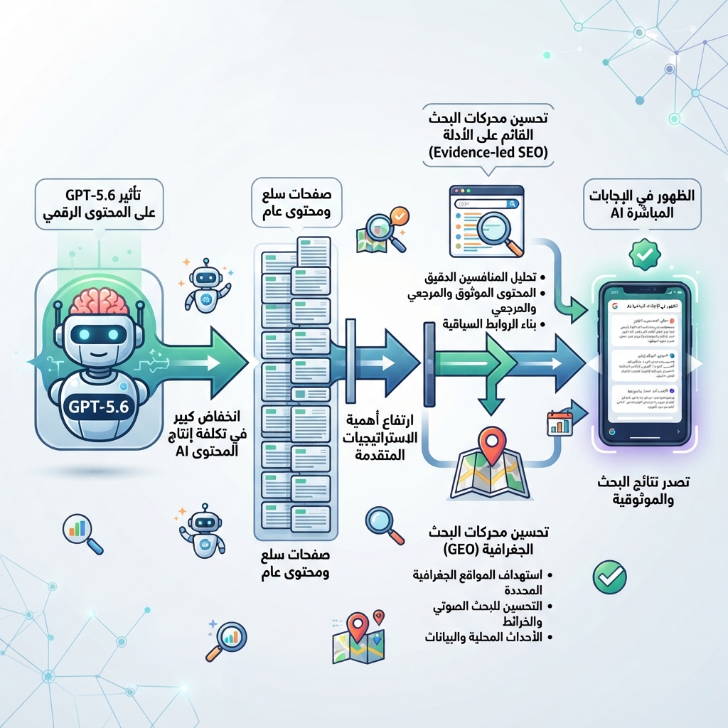 رسم يوضح كيف يخفض GPT-5.6 تكلفة محتوى AI ويرفع أهمية SEO وGEO القائمين على الدليل