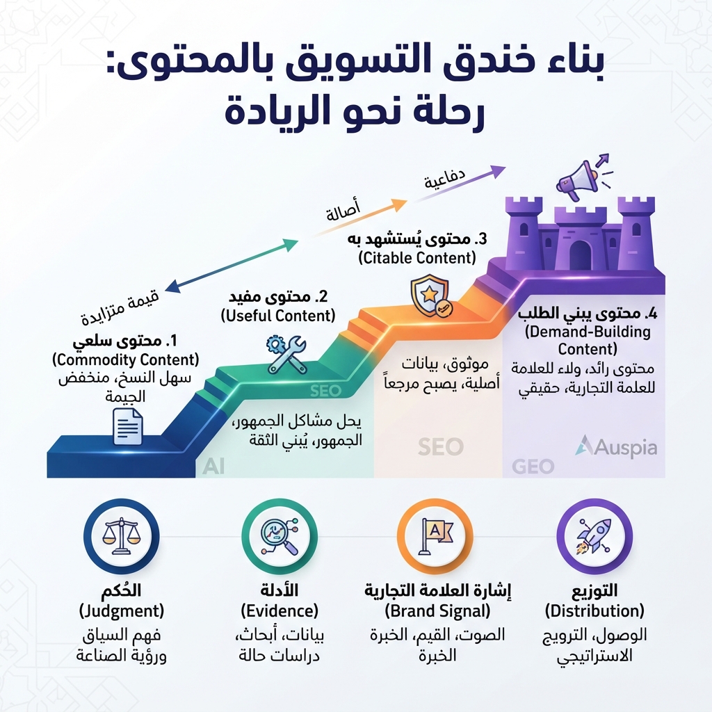 خندق محتوى من أربع طبقات: محتوى سلعي، محتوى مفيد، محتوى قابل للاستشهاد، ومحتوى يصنع الطلب