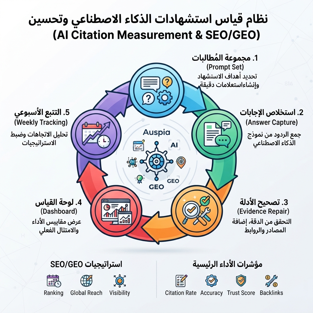 حلقة قياس AI citations تربط prompt sets، والتقاط الإجابات، وإصلاح الأدلة، ولوحات dashboard