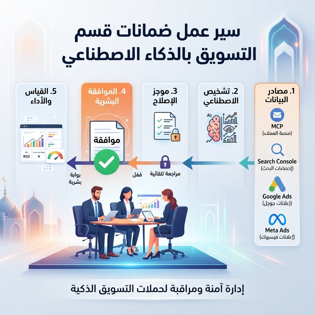 مخطط سير عمل يوضح مصادر البيانات، وتشخيص AI، ومسودات الإجراءات، وبوابات موافقة بشرية في قسم تسويق AI