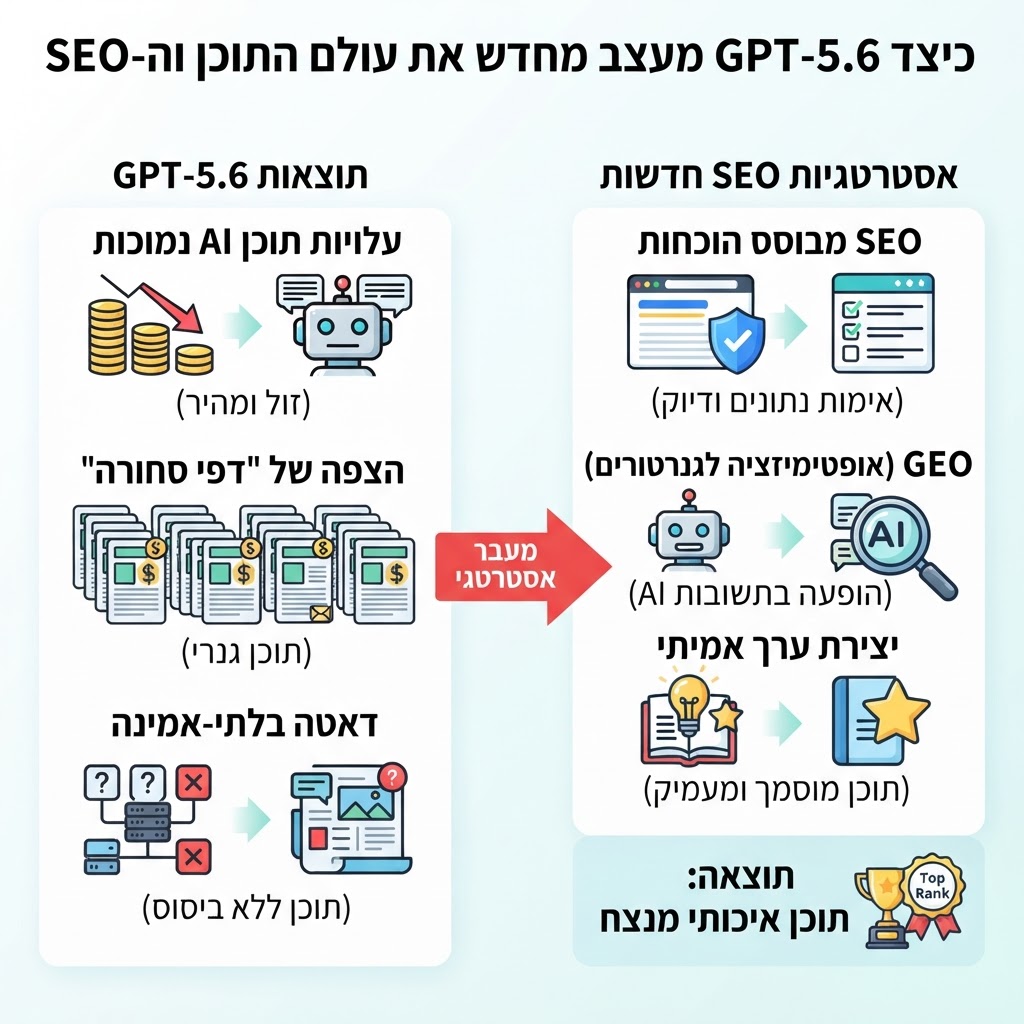 תרשים שמראה כיצד GPT-5.6 מוריד את עלות תוכן AI ומעלה את חשיבות SEO ו-GEO מבוססי ראיות