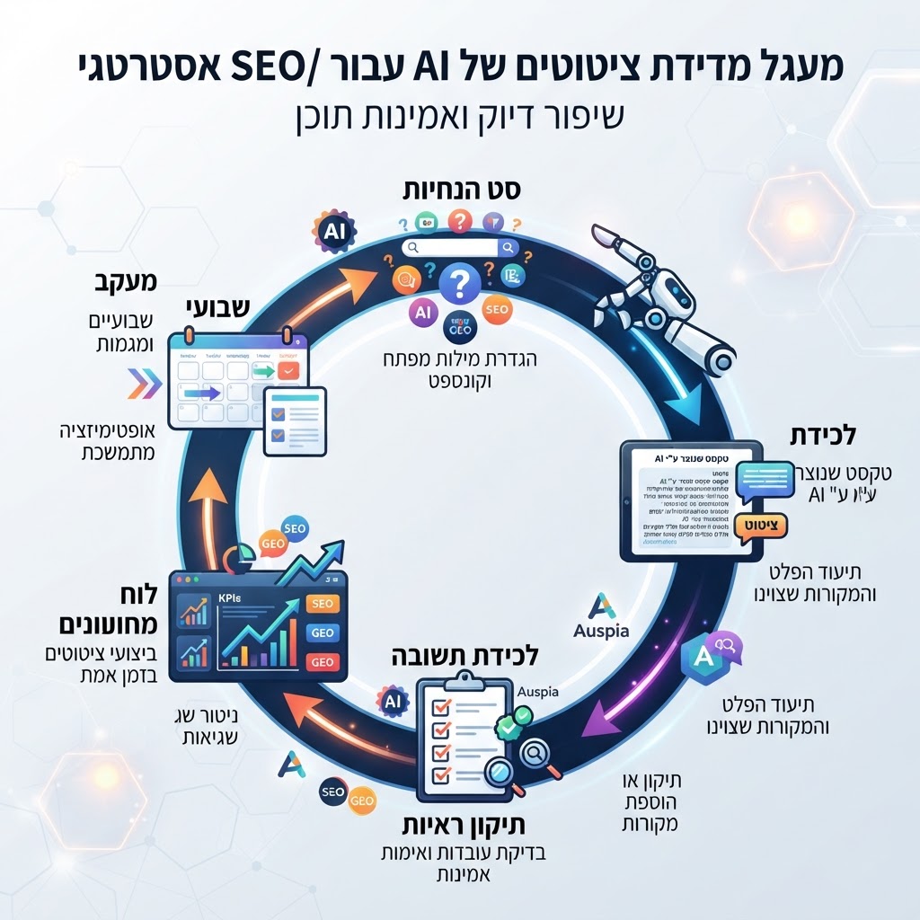 לולאת מדידת AI citations שמחברת prompt sets, לכידת תשובות, תיקוני ראיות ולוחות dashboard
