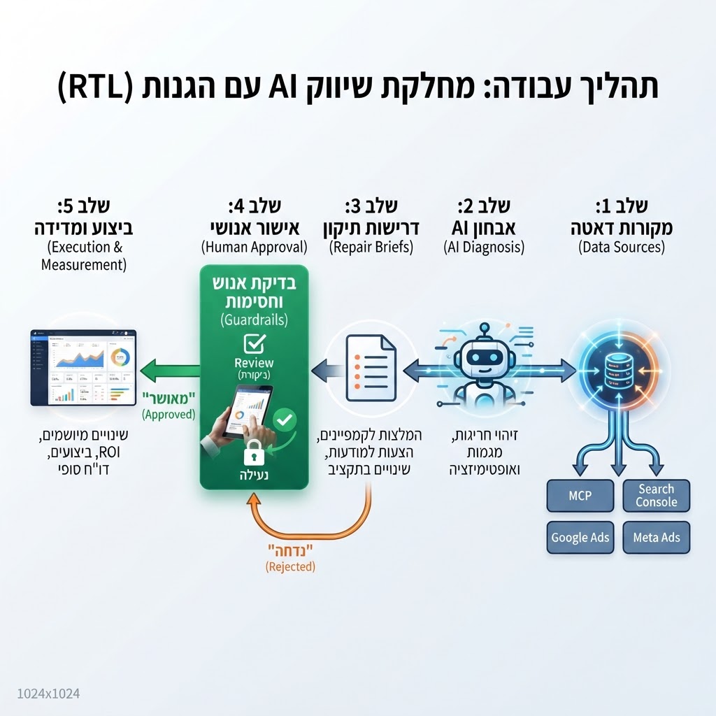 תרשים workflow שמראה מקורות נתונים, אבחון AI, טיוטות פעולות ושערי אישור אנושיים במחלקת שיווק AI