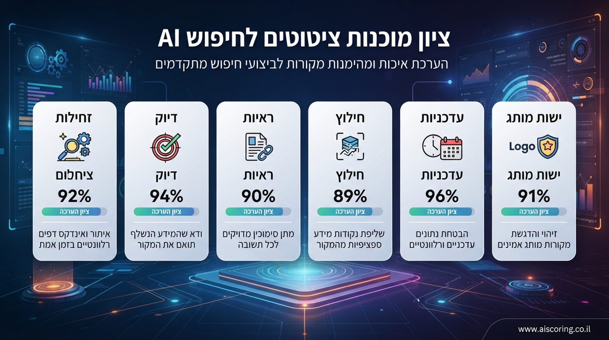 כרטיס ניקוד שמעריך דף לפי יכולת סריקה, ספציפיות, ראיות, קלות חילוץ, עדכניות ובהירות הישות.