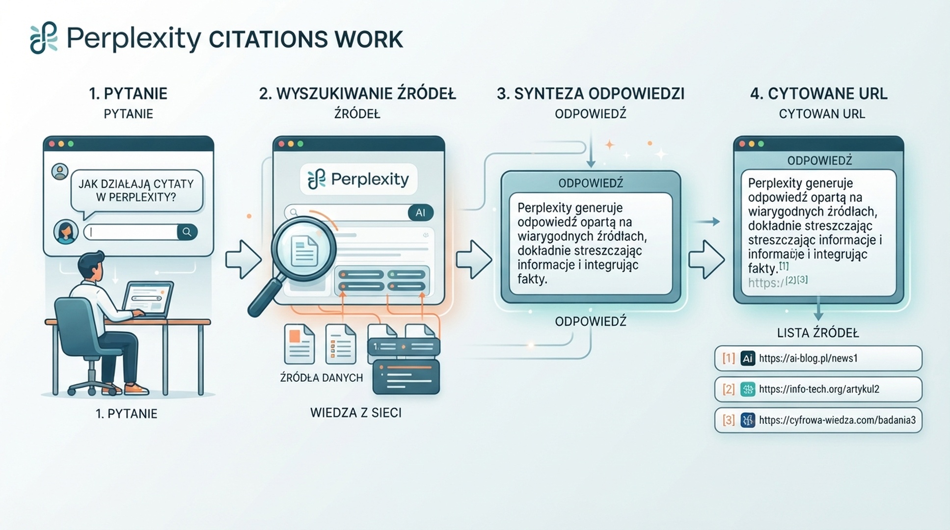 Schemat pokazujący, jak Perplexity przechodzi od pytania użytkownika do pobranych źródeł, zsyntetyzowanej odpowiedzi i cytowanych URL-i.