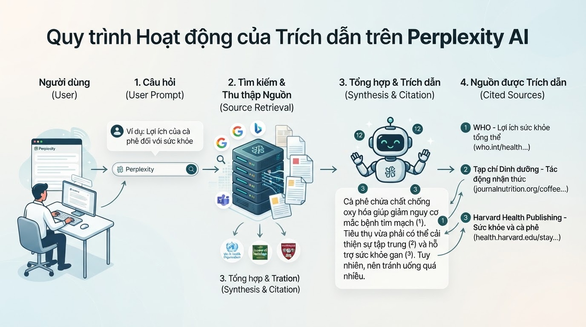 Sơ đồ cho thấy Perplexity đi từ câu hỏi người dùng tới nguồn được truy xuất, câu trả lời tổng hợp và các URL được trích dẫn.