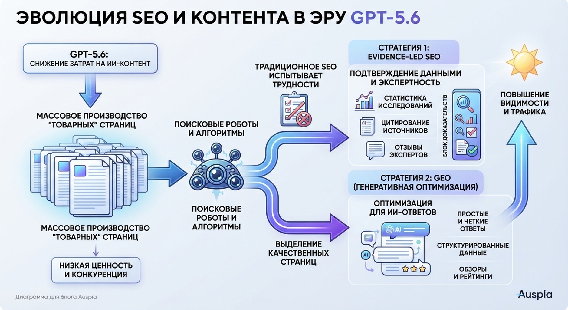 Схема о том, как GPT-5.6 снижает стоимость AI-контента и повышает роль доказательного SEO и GEO