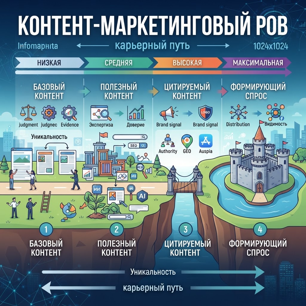 Четырехуровневый контентный ров: товарный, полезный, цитируемый и создающий спрос контент