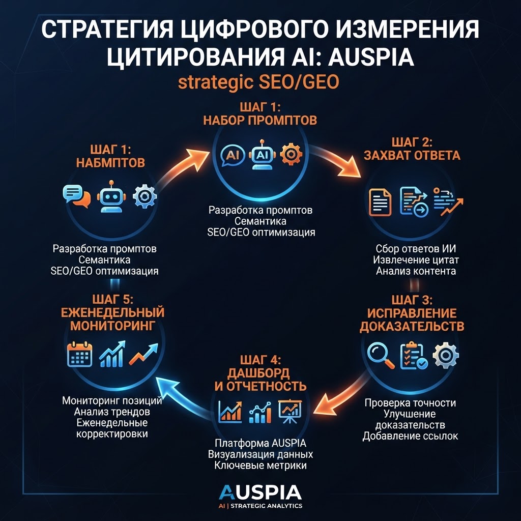 Цикл измерения AI citations: prompt sets, захват ответов, исправление доказательств и dashboards