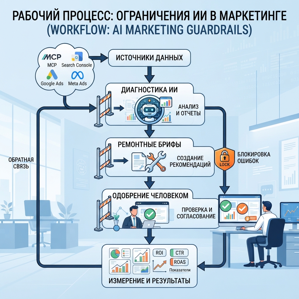 Схема workflow: источники данных, AI-диагностика, черновики действий и человеческие approval gates в AI-маркетинговом отделе