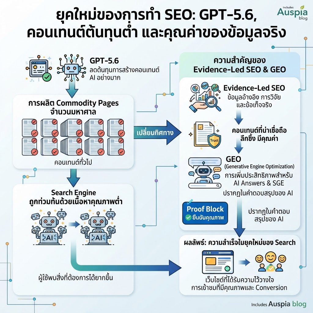 แผนภาพแสดงว่า GPT-5.6 ลดต้นทุนคอนเทนต์ AI และเพิ่มความสำคัญของ SEO กับ GEO ที่นำด้วยหลักฐาน