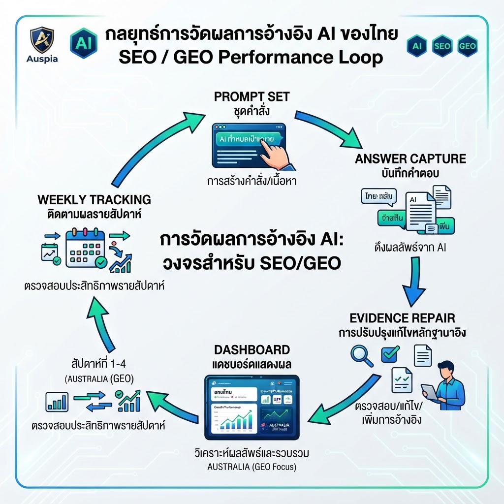 วงจรการวัด AI citations ที่เชื่อม prompt sets, การจับคำตอบ, การซ่อมหลักฐาน และ dashboards
