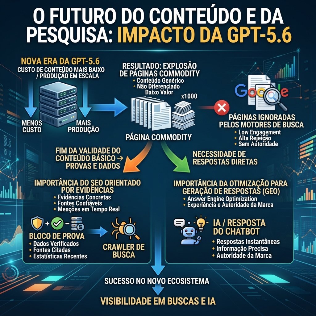 Diagrama mostrando como o GPT-5.6 reduz o custo do conteúdo com AI e aumenta a importância de SEO e GEO guiados por evidências