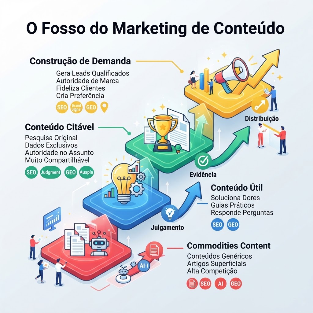 Um moat de conteúdo em quatro níveis: commodity, útil, citável e gerador de demanda