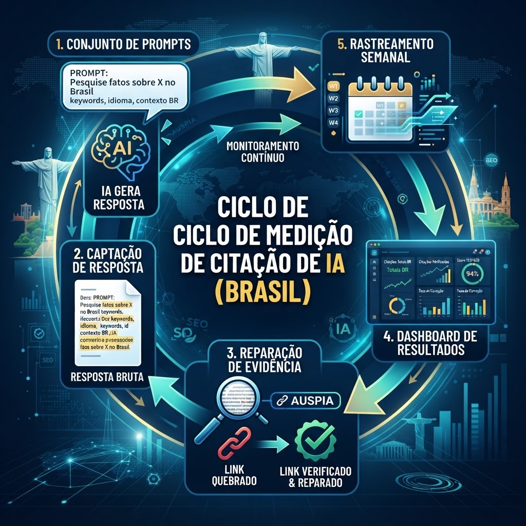 Loop de medição de AI citations conectando prompt sets, captura de respostas, reparos de evidência e dashboards