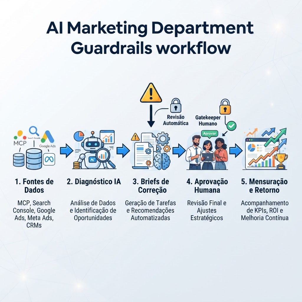 Diagrama de workflow mostrando fontes de dados, diagnóstico com AI, ações em rascunho e portões de aprovação humana em um departamento de marketing com AI