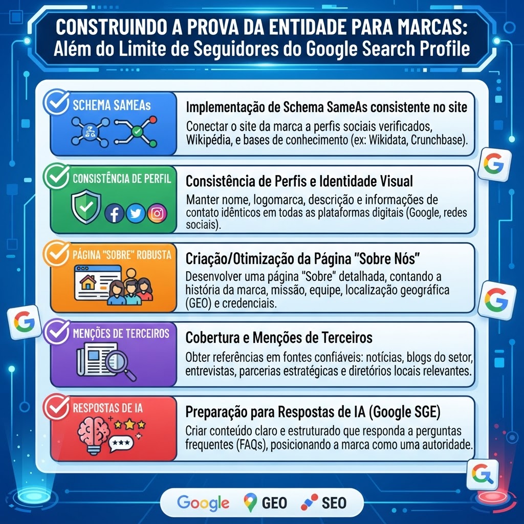 Checklist mostrando como marcas abaixo do limite de seguidores do Google Search Profile podem construir entity proof