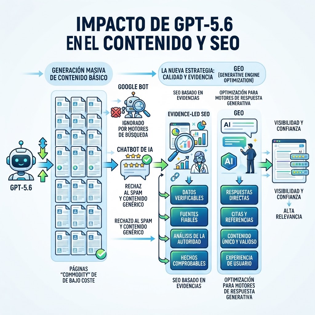 Diagrama que muestra cómo GPT-5.6 reduce el costo del contenido con AI y aumenta la importancia de SEO y GEO basados en evidencia