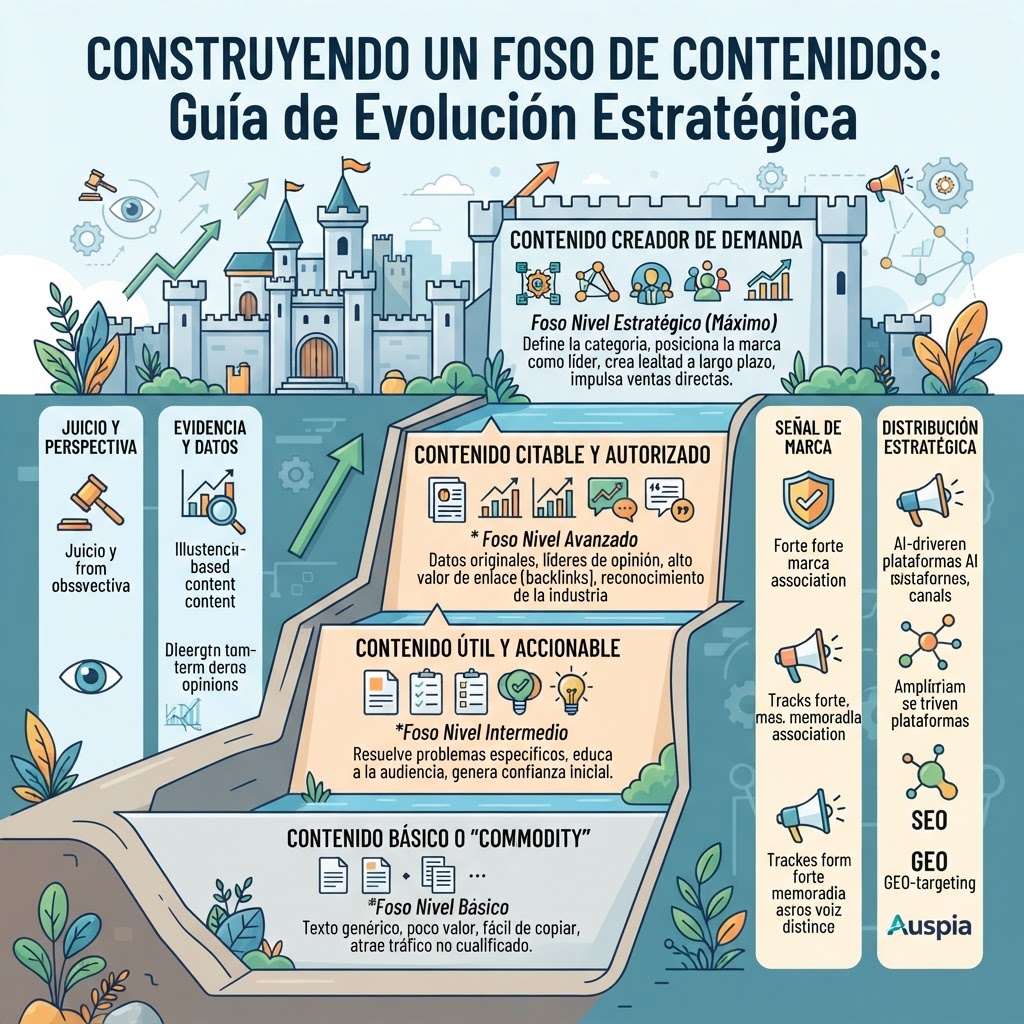 Un moat de contenido de cuatro niveles: commodity, útil, citable y generador de demanda