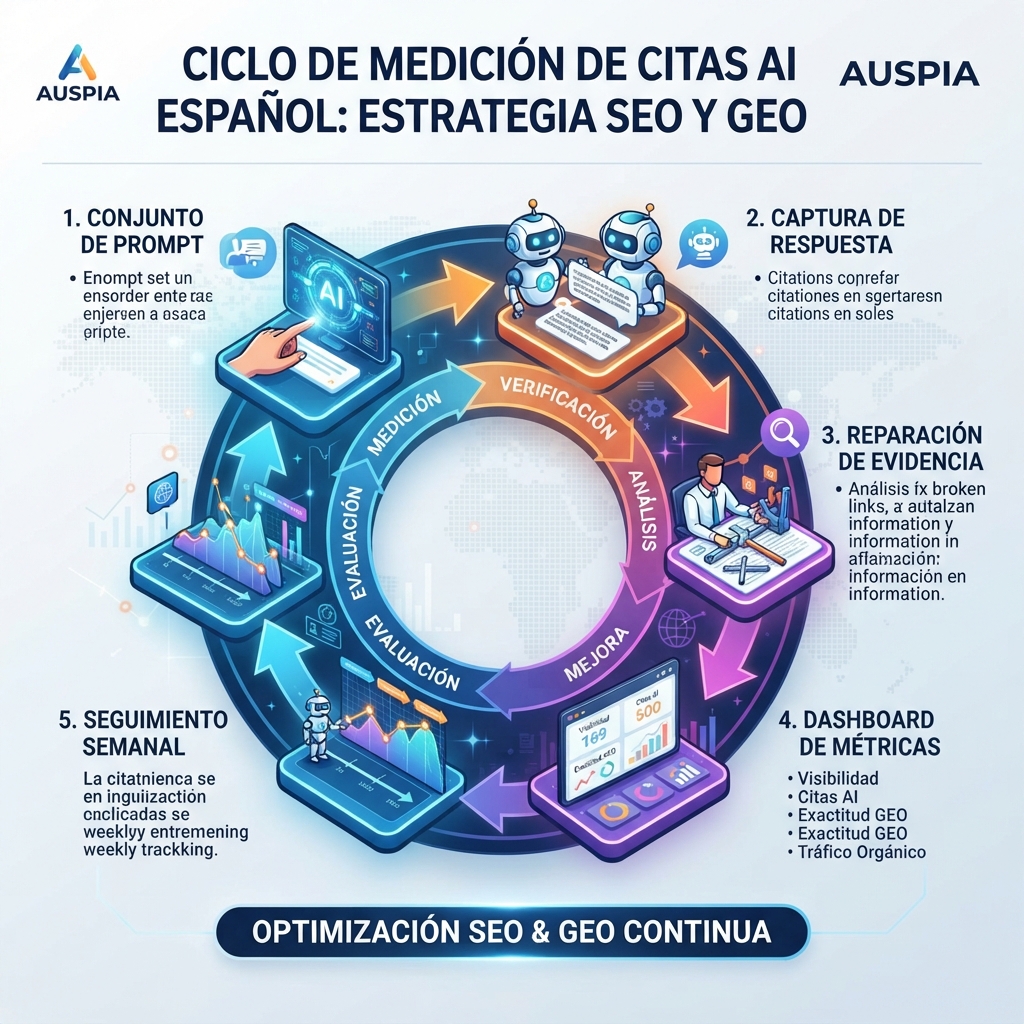Loop de medición de AI citations que conecta prompt sets, captura de respuestas, reparación de evidencia y dashboards