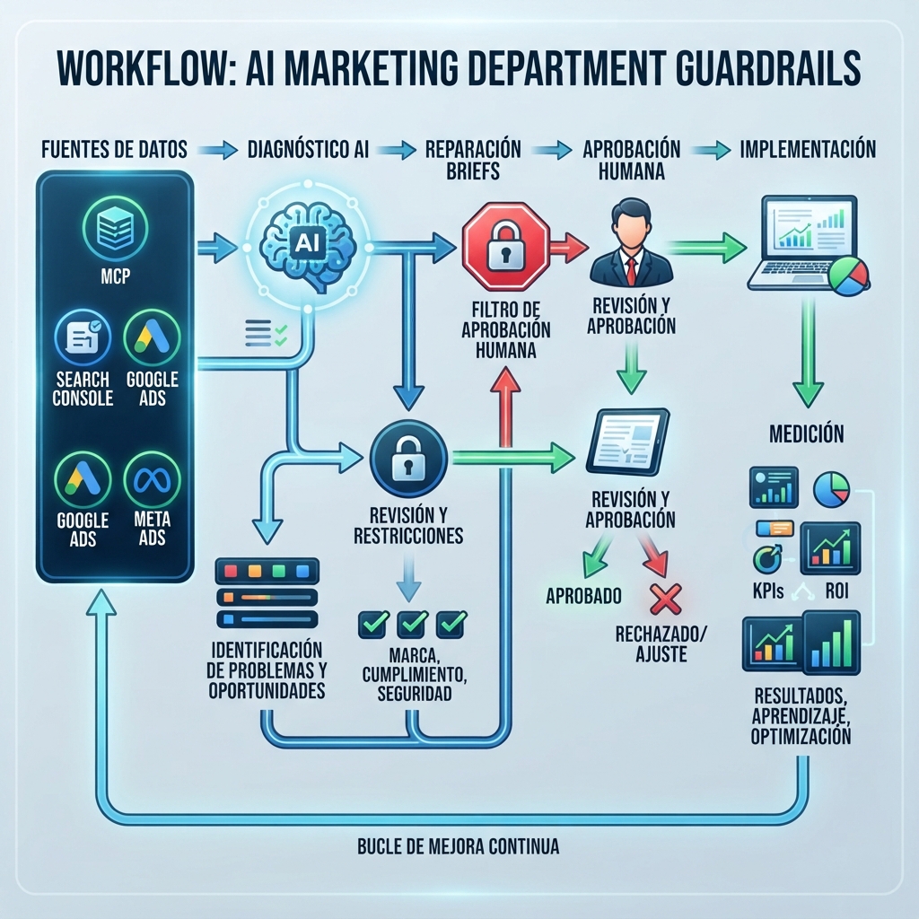 Diagrama de workflow con fuentes de datos, diagnóstico con AI, acciones en borrador y compuertas de aprobación humana en un departamento de marketing con AI