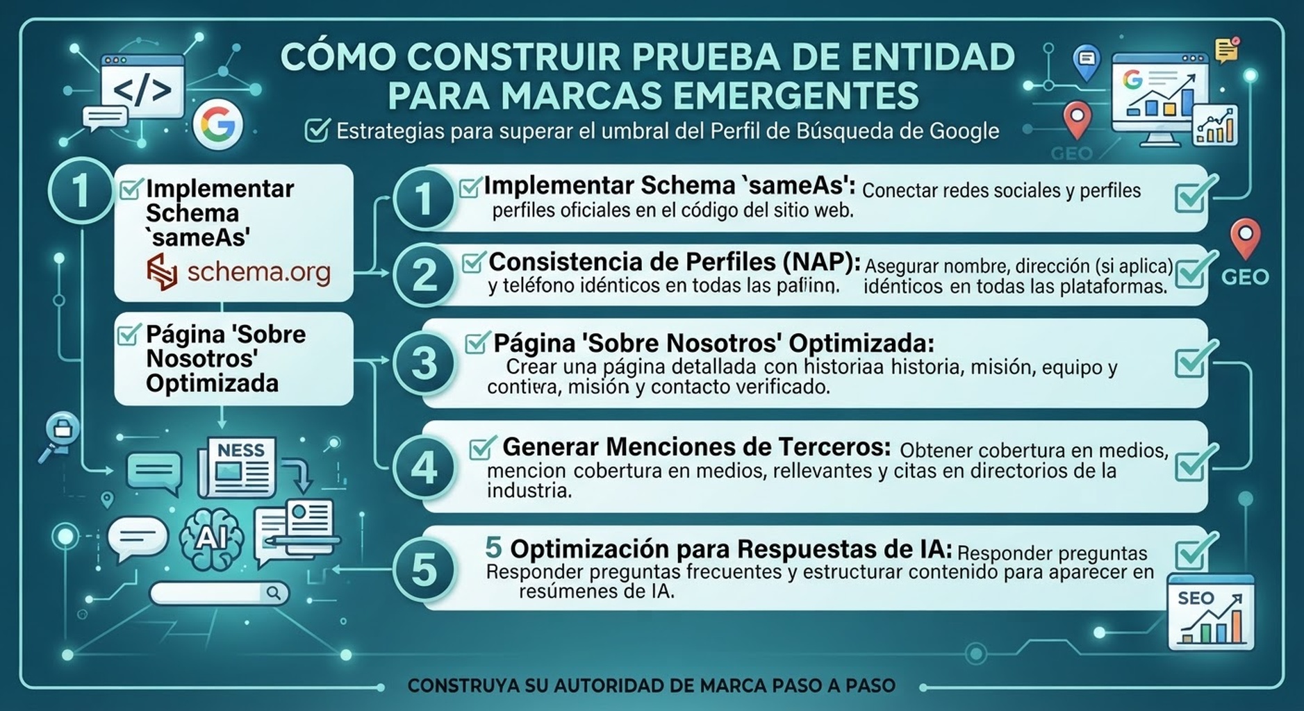 Checklist que muestra cómo marcas bajo el umbral de seguidores de Google Search Profile pueden construir entity proof