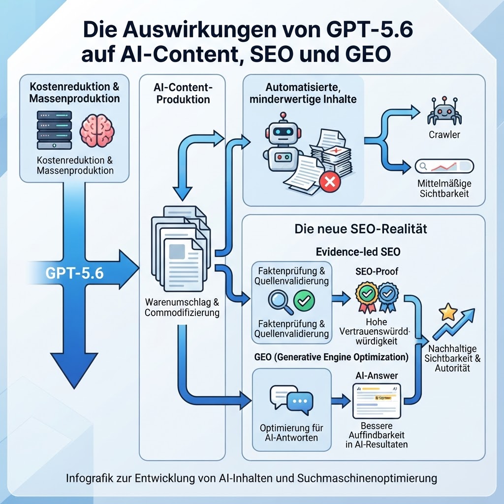 Diagramm dazu, wie GPT-5.6 die Kosten von AI-Content senkt und die Bedeutung evidenzbasierter SEO- und GEO-Arbeit erhöht