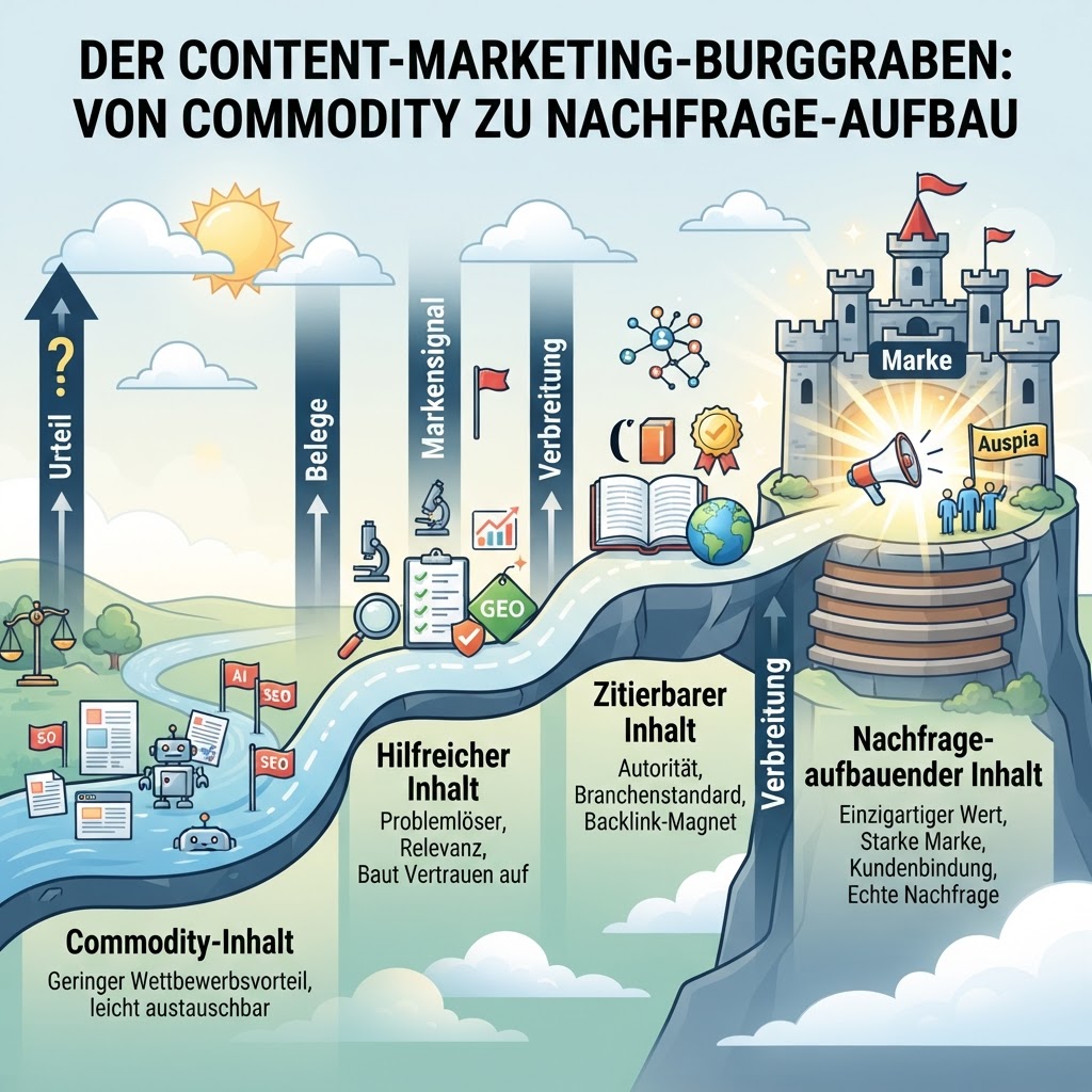 Vierstufiger Content-Moat: Commodity-Content, nützlicher Content, zitierbarer Content und Nachfrage-Content