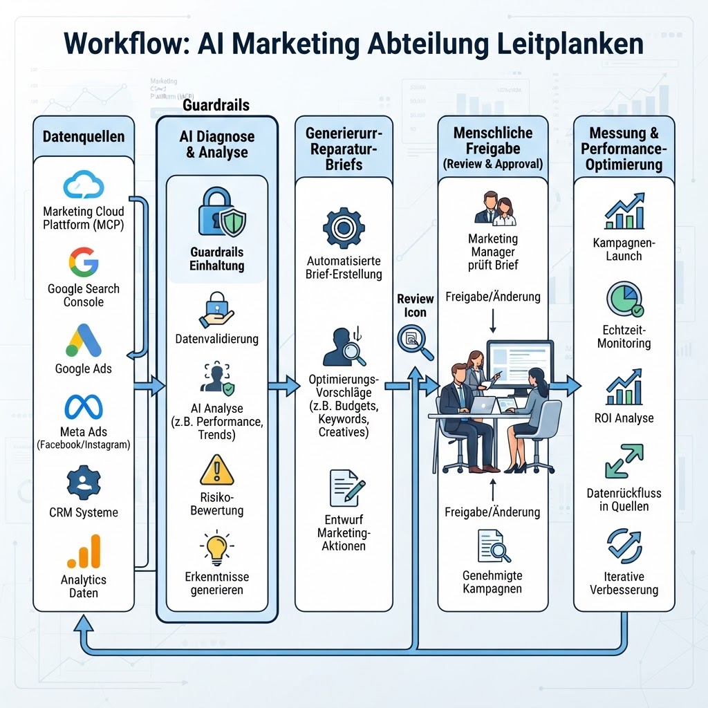 Workflow-Diagramm mit Datenquellen, AI-Diagnose, Aktionsentwürfen und menschlichen Freigaben in einer AI-Marketingabteilung