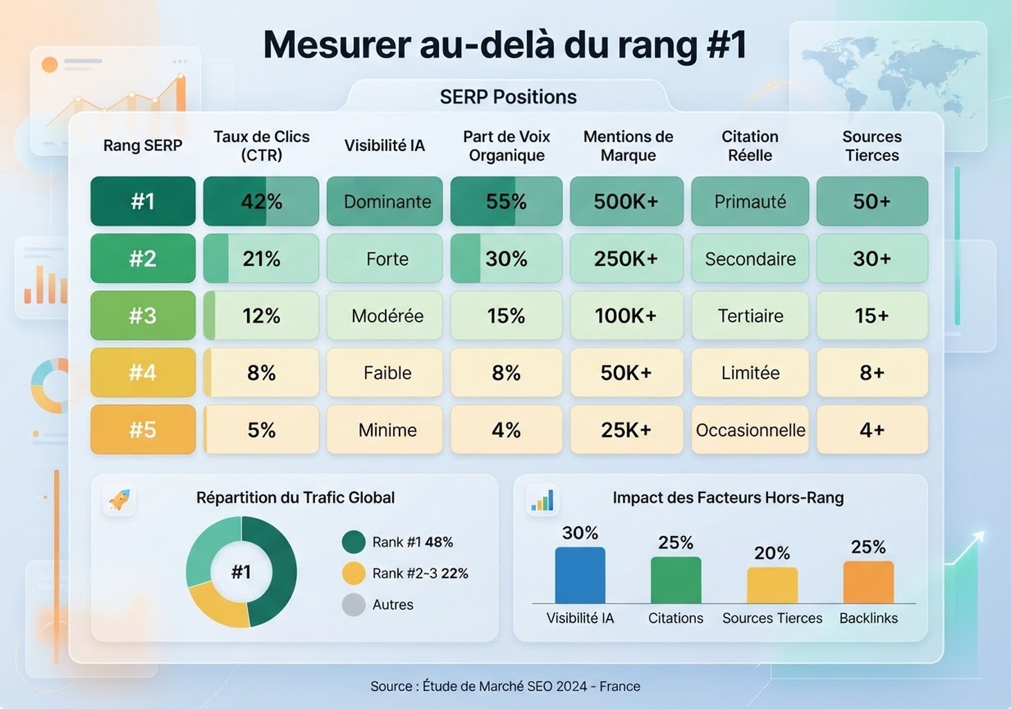 Infographie française montrant les rankings, clics, mentions IA et citations comme couches distinctes de visibilité