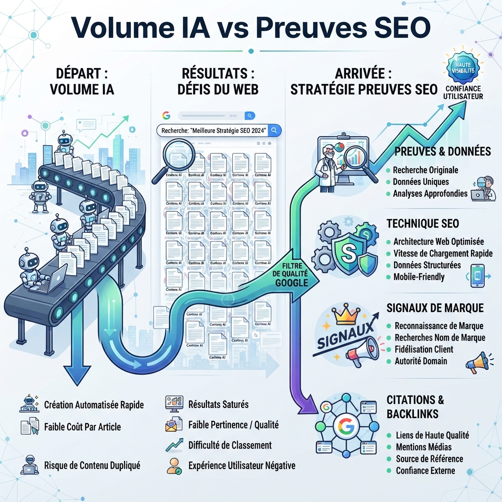 Infographie montrant comment GPT-5.6 réduit le coût du contenu IA et augmente la valeur des preuves SEO et GEO