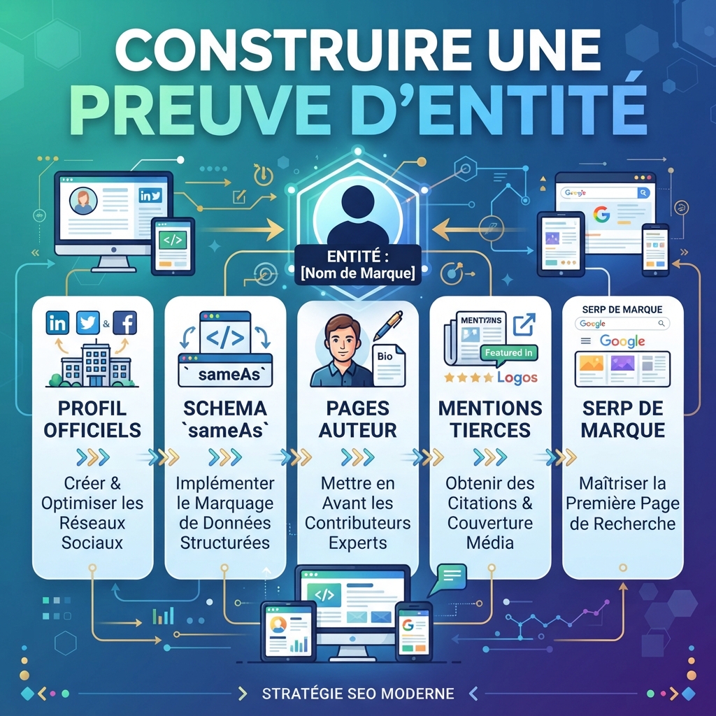 Checklist française montrant comment construire une preuve d'entité avant d'atteindre les seuils de Google Search Profiles