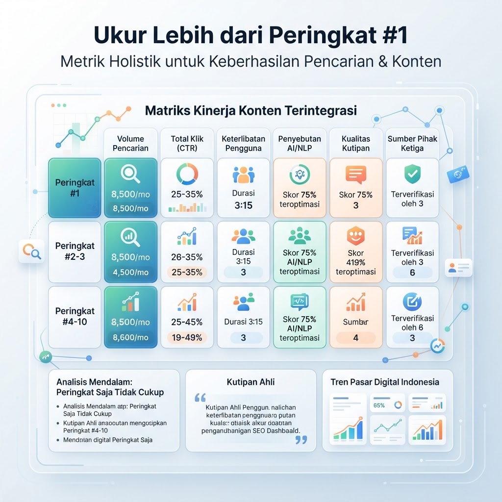 Infografik Indonesia yang menunjukkan ranking, klik, mention AI, dan kutipan sebagai lapisan visibilitas berbeda