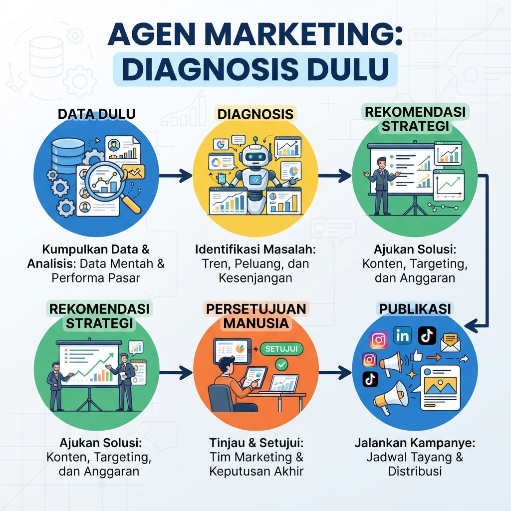 Infografik tentang workflow departemen marketing AI dengan data, diagnosis, rekomendasi, dan persetujuan manusia
