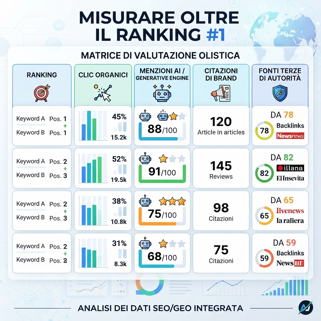 Infografica italiana che mostra ranking, clic, menzioni AI e citazioni come livelli distinti di visibilità
