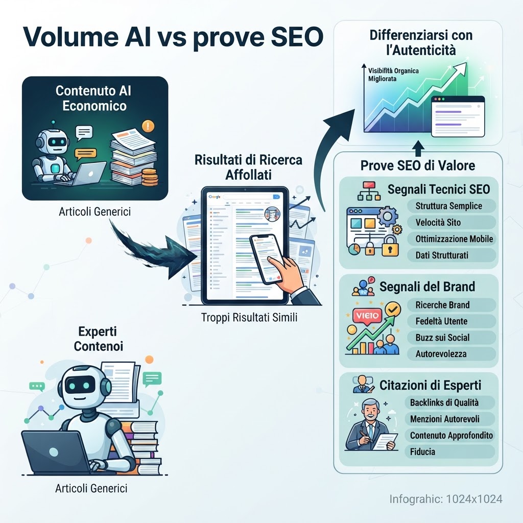 Infografica su come GPT-5.6 riduce il costo dei contenuti AI e aumenta il valore delle prove SEO e GEO