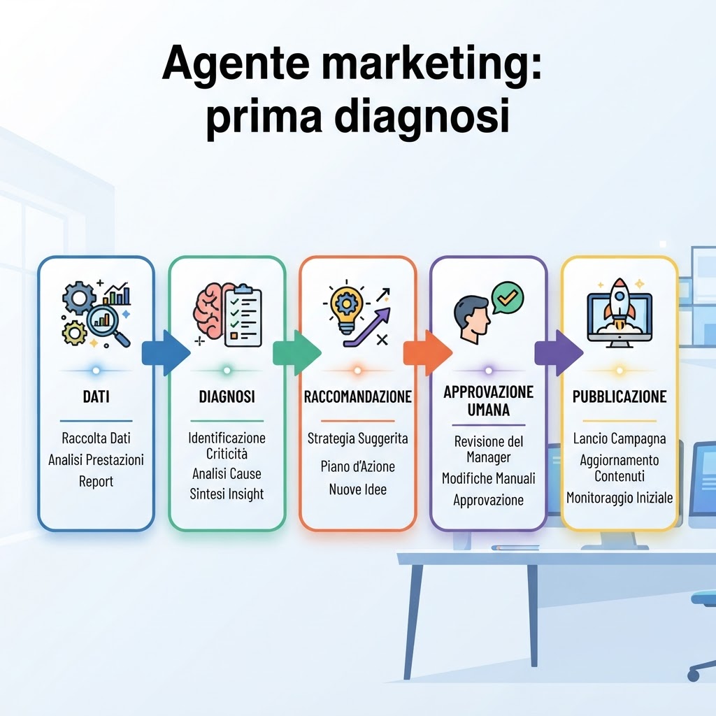 Infografica su un workflow di reparto marketing AI con dati, diagnosi, raccomandazione e approvazione umana