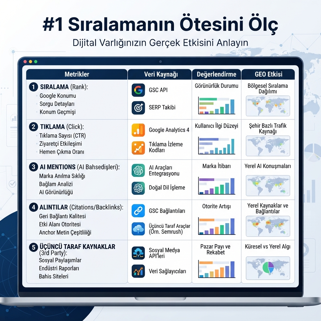Ranking, tıklama, AI mention ve alıntıları ayrı görünürlük katmanları olarak gösteren Türkçe infografik