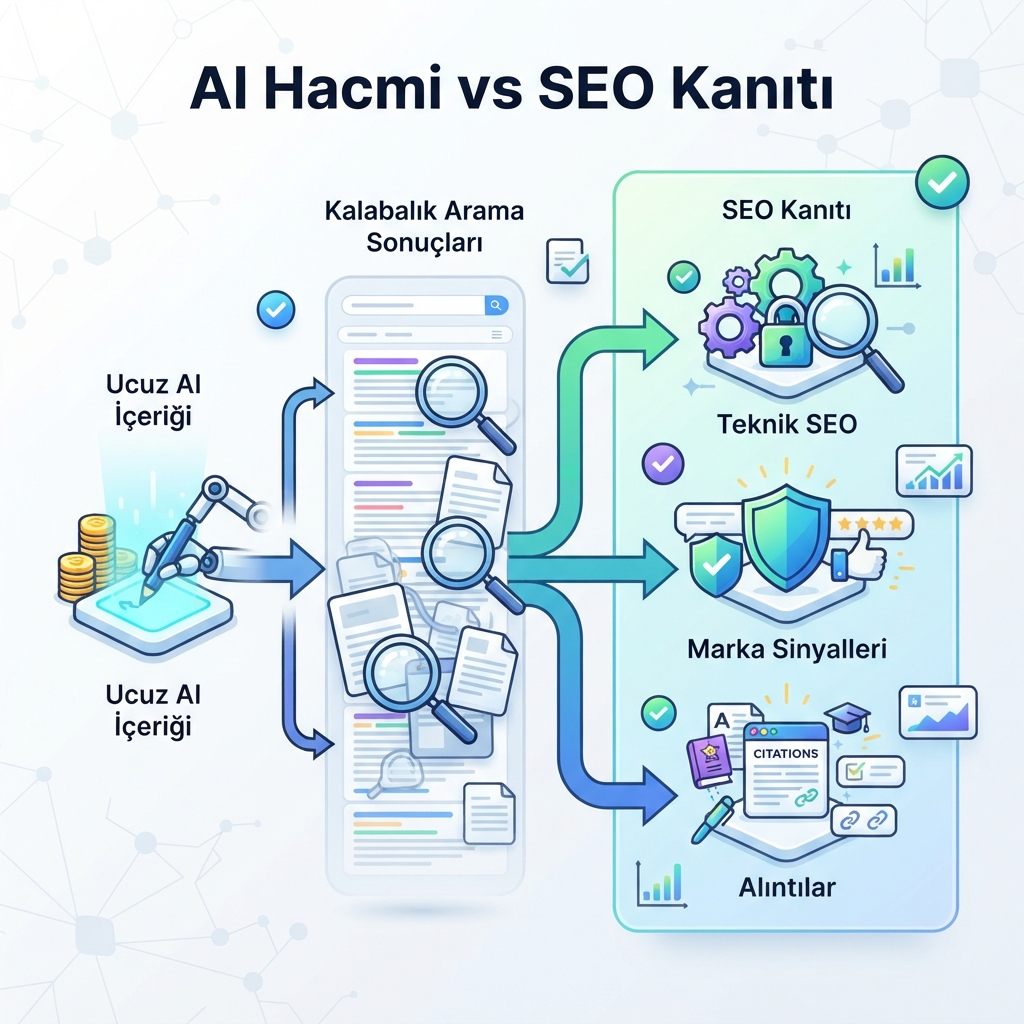 GPT-5.6'nın AI içerik maliyetini nasıl düşürdüğünü ve SEO/GEO kanıtlarının değerini nasıl artırdığını gösteren infografik