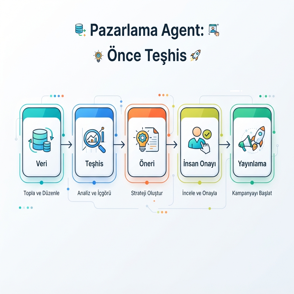 Veri, teşhis, öneri ve insan onayıyla AI pazarlama departmanı workflow'unu gösteren infografik