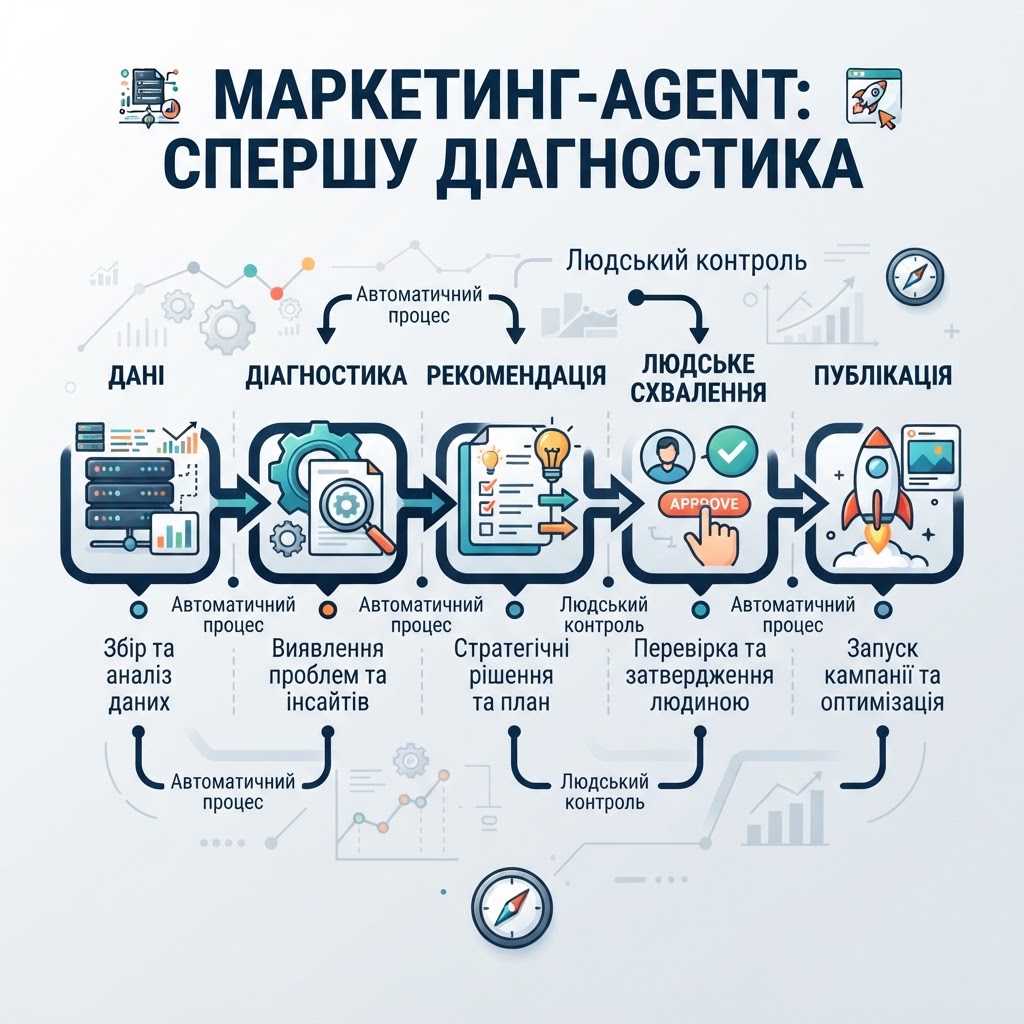 Інфографіка про AI-маркетинговий робочий процес із даними, діагностикою, рекомендацією та людським схваленням