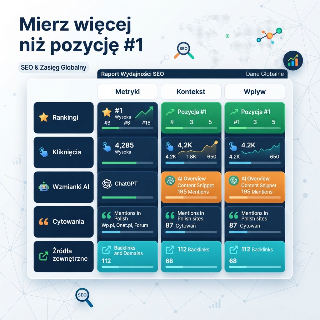 Polska infografika pokazująca rankingi, kliknięcia, wzmianki AI i cytowania jako osobne warstwy widoczności
