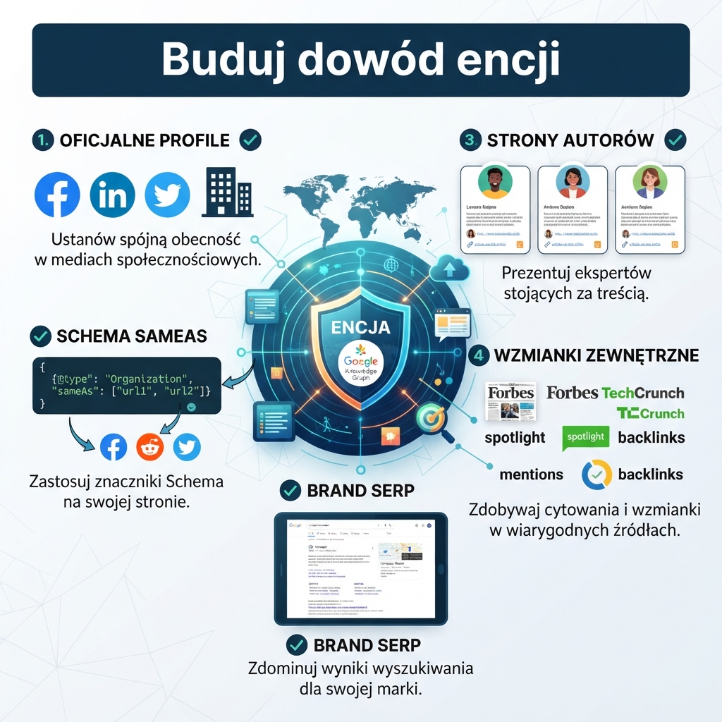Polska checklista pokazująca, jak budować dowód encji przed osiągnięciem progów Google Search Profiles