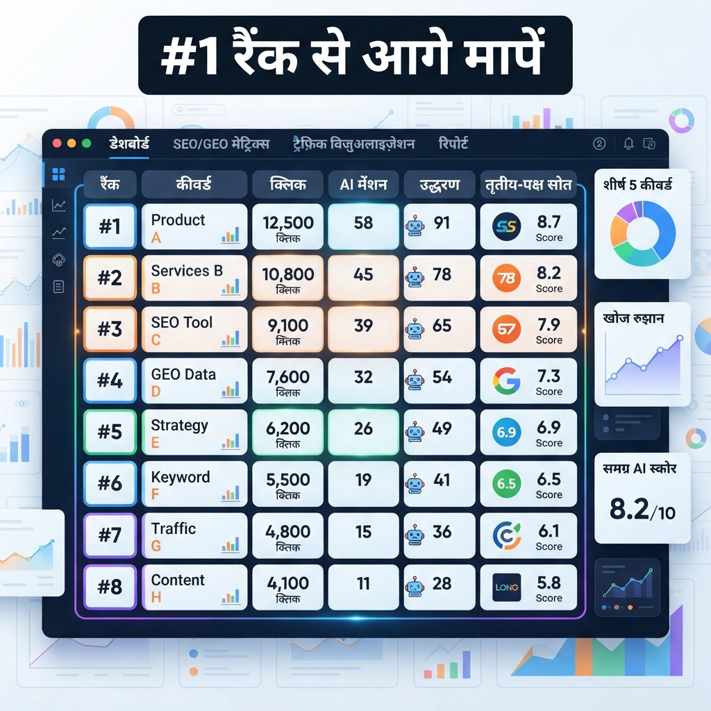 हिंदी इन्फोग्राफिक: रैंकिंग, क्लिक, AI उल्लेख और उद्धरण को दृश्यता की अलग परतें के रूप में दिखाते हुए