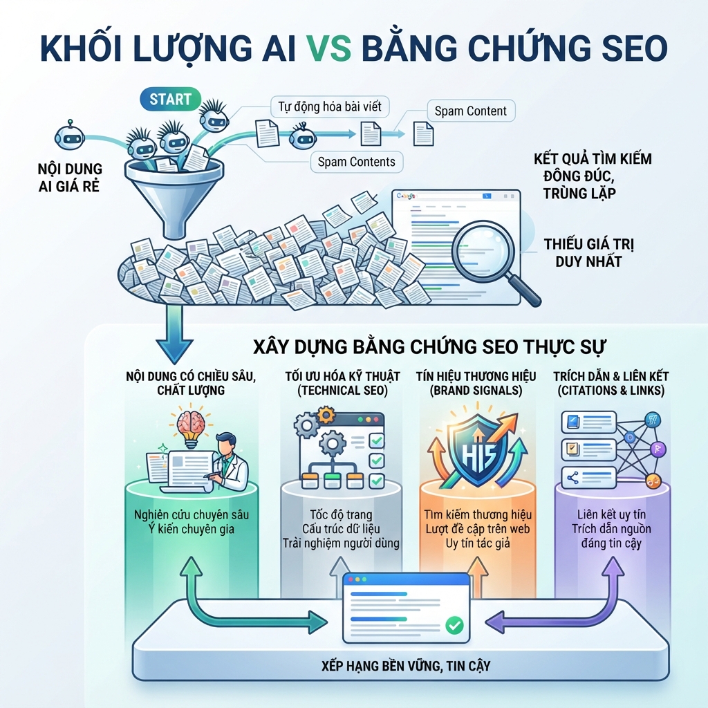 Infographic về cách GPT-5.6 giảm chi phí nội dung AI và tăng giá trị của bằng chứng SEO/GEO